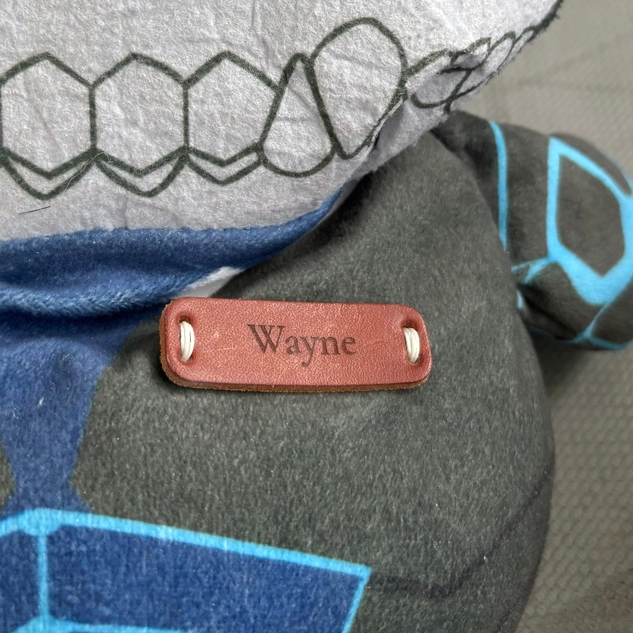 Leather name tag sewn onto a plush chalk bag